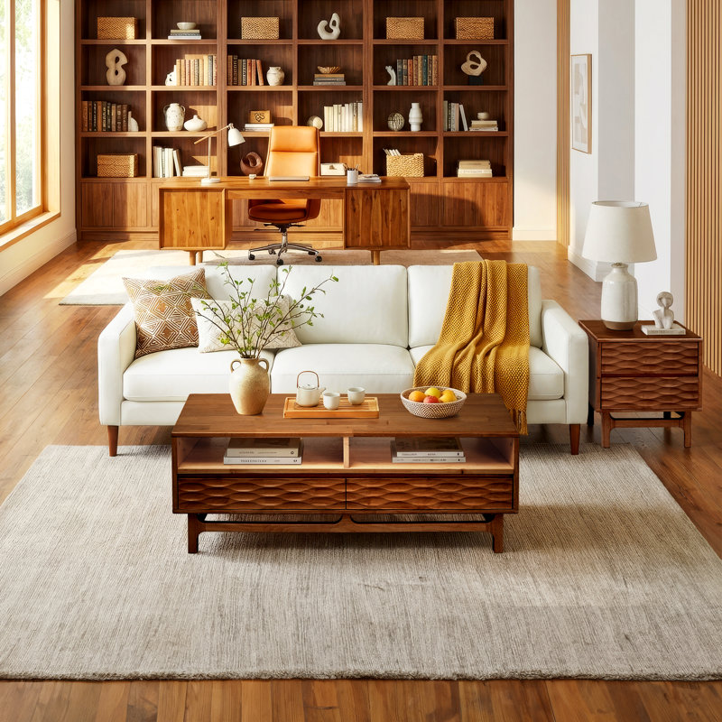  Table basse Acacia Elara de 47,2 po de largeur, en bois d'hévéa massif, convient au salon, au bureau à domicile avec 2 tiroirs et à conception ouverte, installation facile