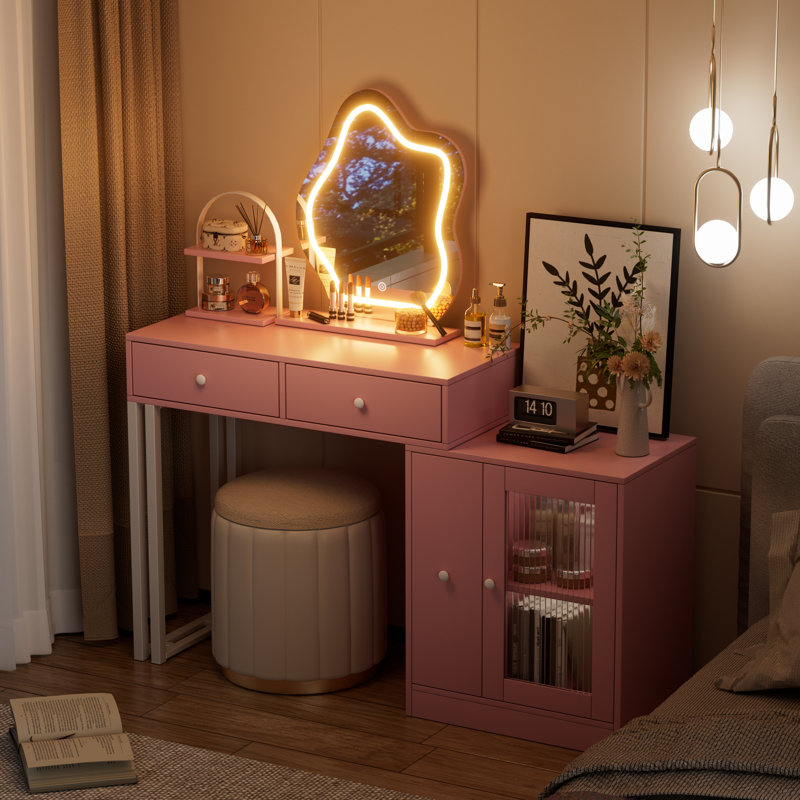 Korion Makeup Vanity with 3-color Touch Screen Lighted Mirror, Makeup Table with Drawers and Storage Cabinet