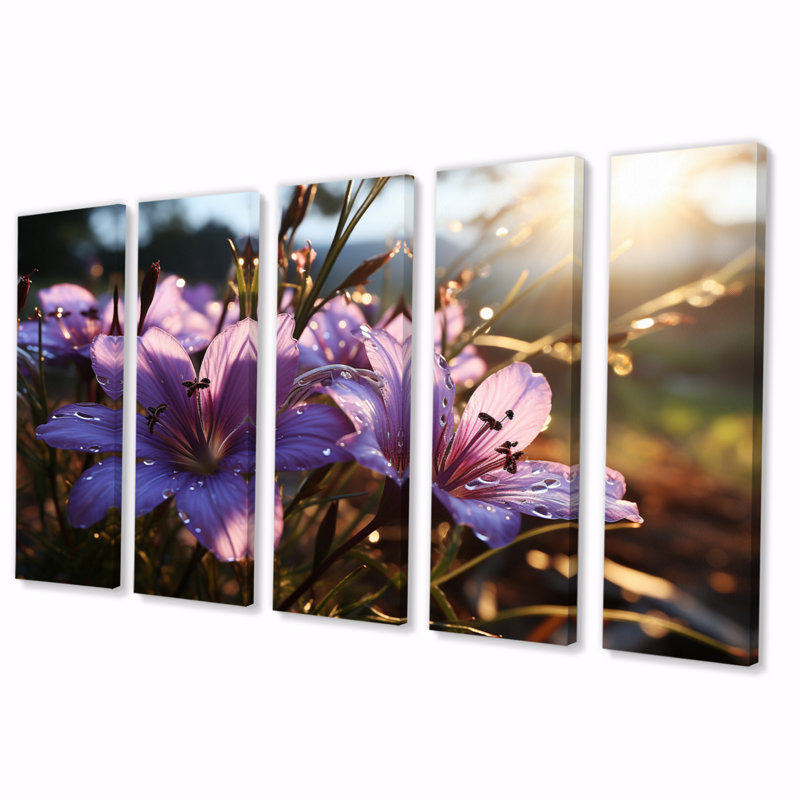 Violets Field At Sunrise III - Floral Wall Art Living Room - 5 panneaux égaux
