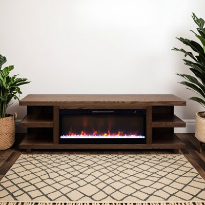 Meuble télé avec foyer, 82 po, chêne bourbon, téléviseur jusqu'à 90 po, 7 flammes, support de foyer à gestion de câbles dissimulé, cadre et tablettes ouverts, finition bourbon
