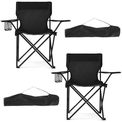 Ensemble de 2 chaises de camping pliantes légères, chaise de plage d'extérieur avec porte-gobelet et sac de transport pour le voyage, la pêche, le pique-nique, la cour, la randonnée (noir, moyen)