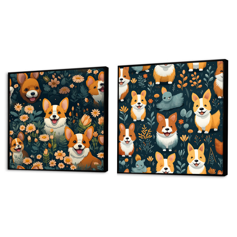Corgi Cuties - Ensemble de 2 animaux carrés, Cadre flottant noir, H 30 po x l 61 po