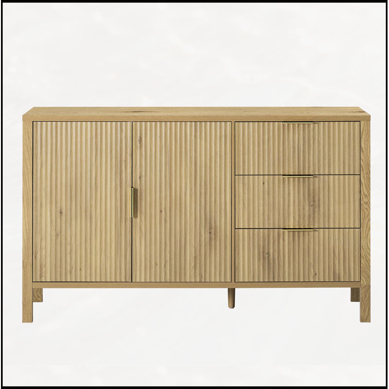 Wave-Pattern Sideboard with 3 Drawers, Large Storage Buffet Cabinet with Hooks and Extra Center Leg, Natural