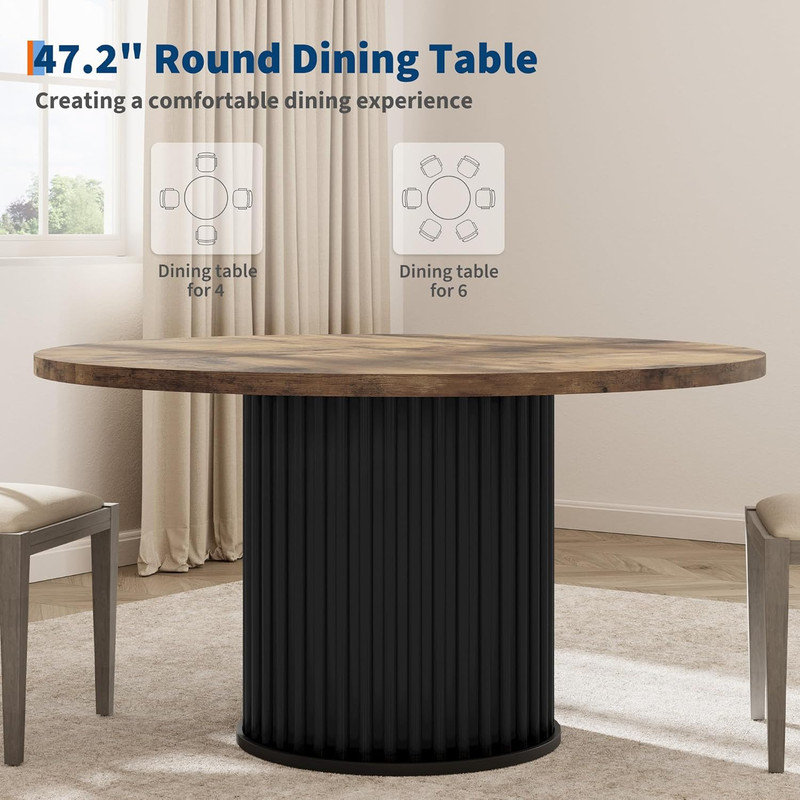 Extendable Round Metal Base Dining Table, Brown
