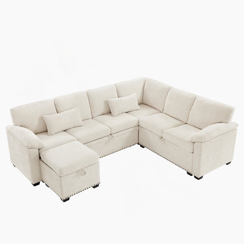 97 Inch L-Shaped Corner Sectional Sofa Couch With Seat And Storage Ottoman,Chenille Fabric Corner Couch With 7 Seats & 2 Pillows For Living Room, Beige