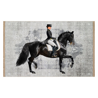 Vintage Gray Distressed Patterned Black Horse Rider Woman-Themed Decorative Rug