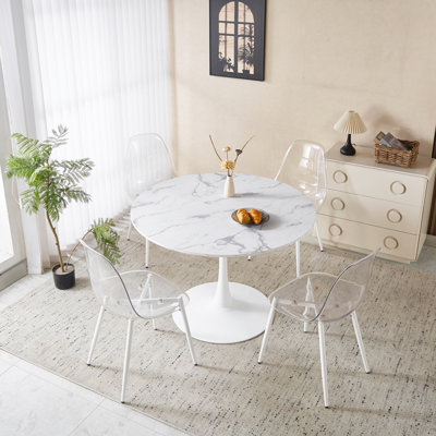 Ensemble de salle à manger 1 + 4 pour 5 pièces, 1 table + 4 chaises, table de pub ronde à motif de marbre pour le bar et la cuisine