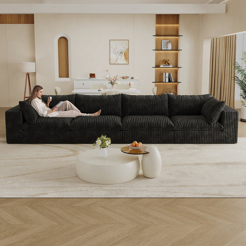 Canapé de 157,6 po Cloud, tissu en velours côtelé, sièges profonds, conception à deux couches, coussin amovible, sans assemblage, combinaison de bricolage pour salon, chambre à coucher, salle de conférence, appartement, noir