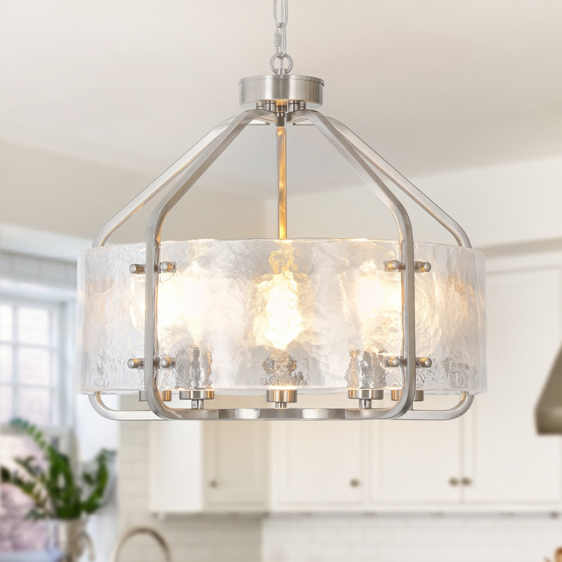 5 - Light 19.68" Drum Dimmable Glass Shaded Modern Farmhouse Chandelier, Satin Nickel