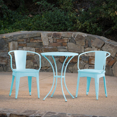 Ensemble de bistro d'extérieur 3 pièces en métal avec table ronde et 2 chaises, bleu clair