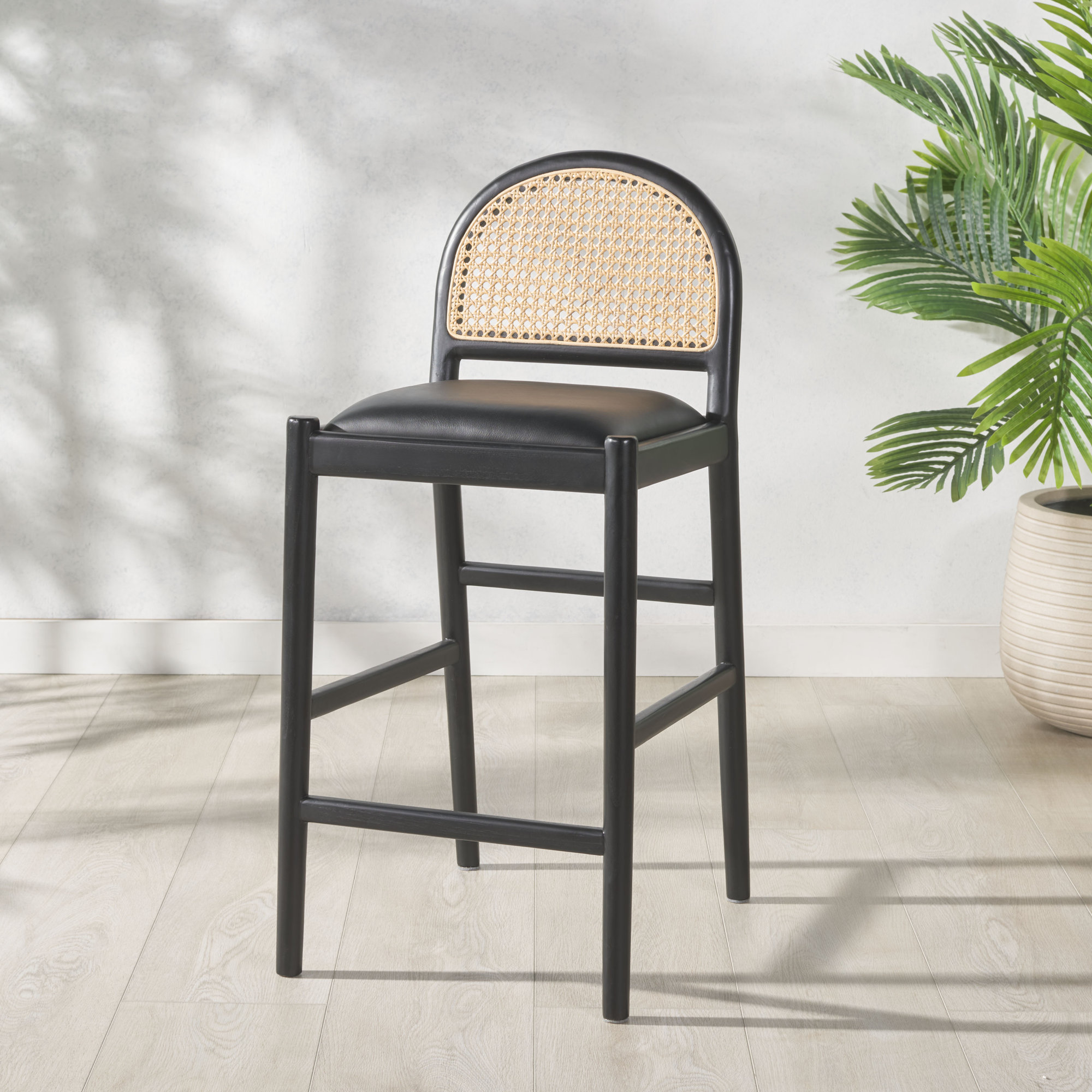 Ottavia Rattan And Leather Counter Stool, Black