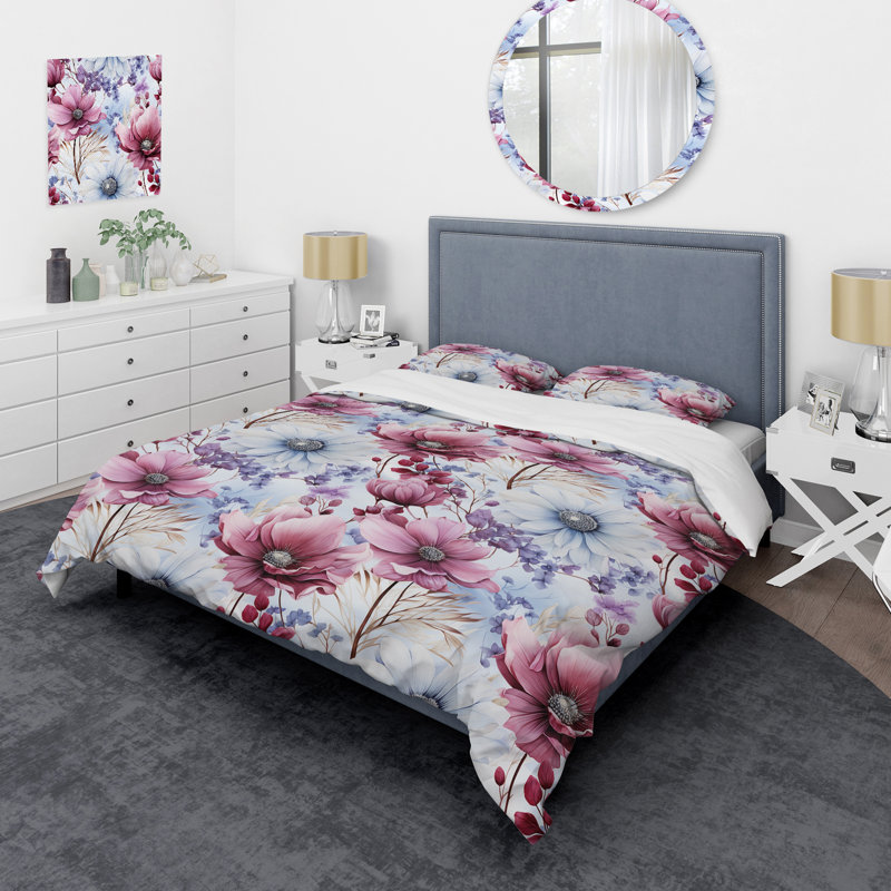 Ensemble de housse de couette rose et mauve Wildflower Paradise, Housse de couette pour grand lit et 2 taies décor