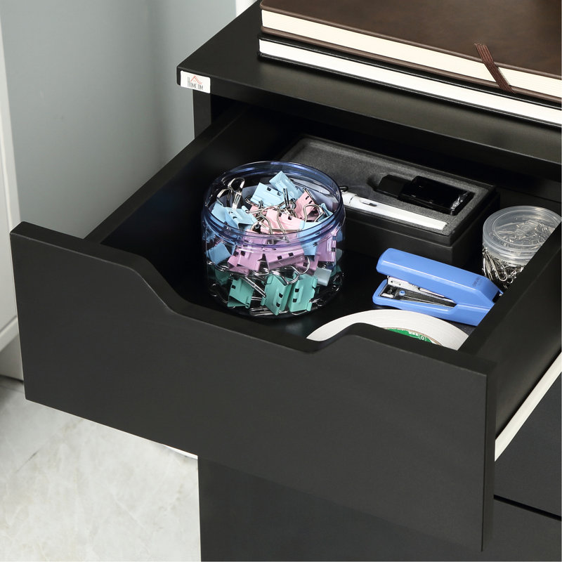 Boîte de rangement mobile noire à 3 compartiments, support pour imprimante à roulettes, contenant vertical pour classeurs, grande capacité pour les fournitures de bureau, tiroirs coulissants lisses, 2 portes verrouillables, convient au classeur à 3 tiroirs sous le bureau, noir. Prises