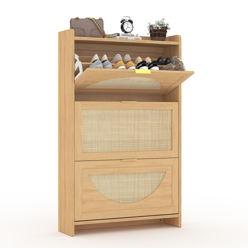 Rangement à chaussures en rotin avec 3 tiroirs rabattables, range-chaussures autoportant en bois, 3 tiroirs