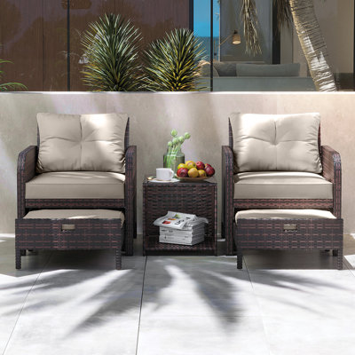 5 Pieces Outdoor Patio Chairs Set,PE Wicker Conversation Furniture with Cushions,Coffee Table,Beige