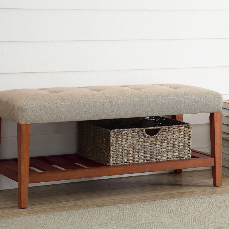 Charla Fabric & Oak Finish Bench, Beige
