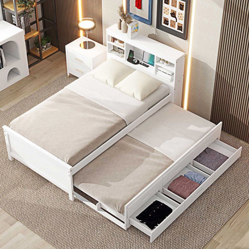 Lit plateforme avec tête de lit avec rangement, Blanc