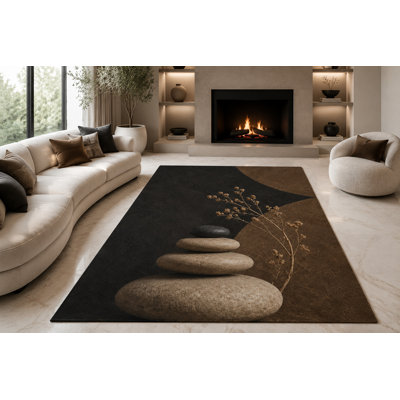 Tapis Zen Stones Branch « Ultra Léger » de 200 cm x 300 cm, idéal pour le salon, la chambre à coucher et le bureau. Moquette douce à poils courts avec envers antidérapant en silicone, noir et beige.