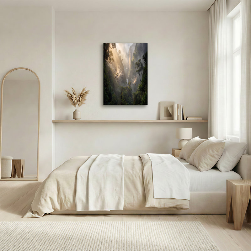 «Glowing Floating Seeds in Misty Mountain Forest», art mural, 20"H x 30"W