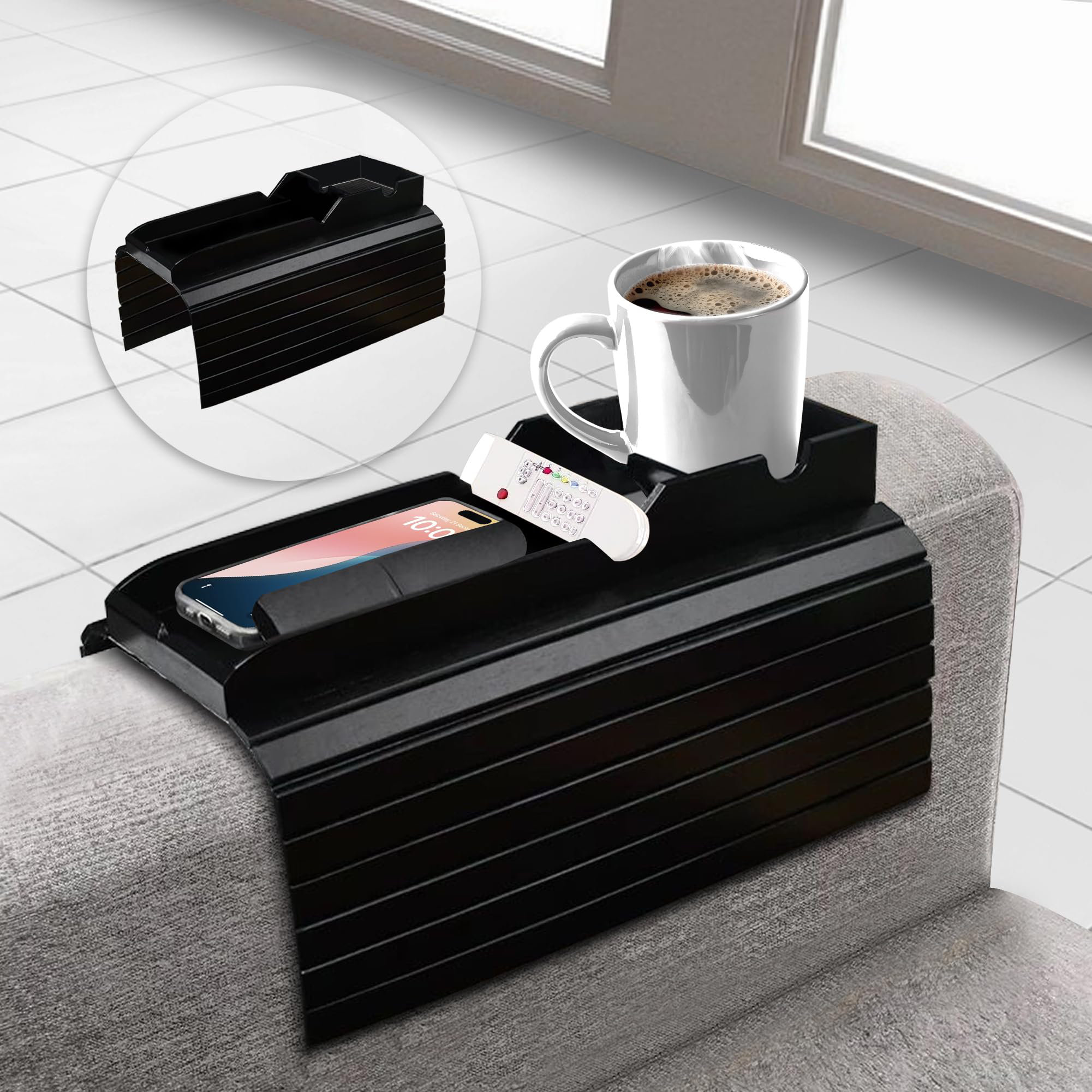 Porte-Gobelet 2 En 1 Bambou Pour Accoudoir De Canapé - Plateau Amovible Pliable Antidérapant Pour Boissons, Téléphone, Collations Et Télécommande