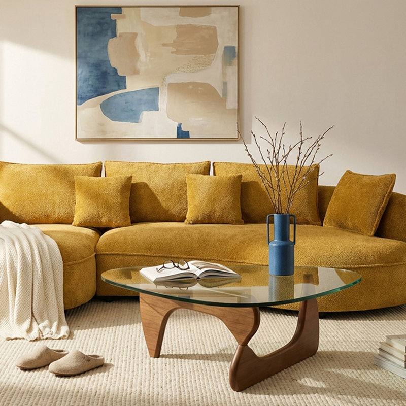 Noguchi-Style Mid-Century Modern Glass Coffee Table With Curved Wood Base, Brown