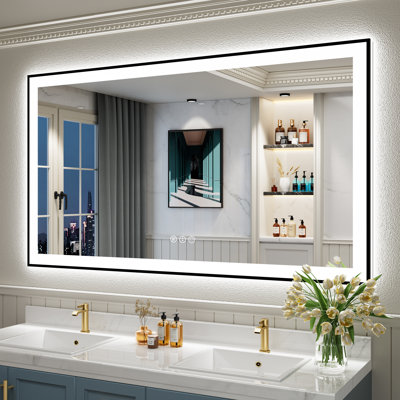 Tyeishia Matte Black Matel Framed LED Bathroom Mirror with Front-lit and Back-lit, Memory Function, 3 Color Temperatures & Dimmable Light, Anti-fog Tempered Glass