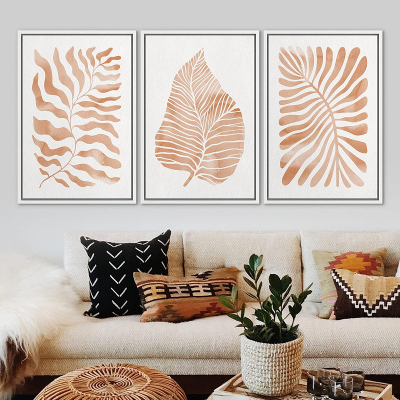 «Orange Tropical Palm Leaves», botanique abstraite, encadrée, 3 pièces, impression sur toile, H 36 po x l 24 po x P 1,5 po