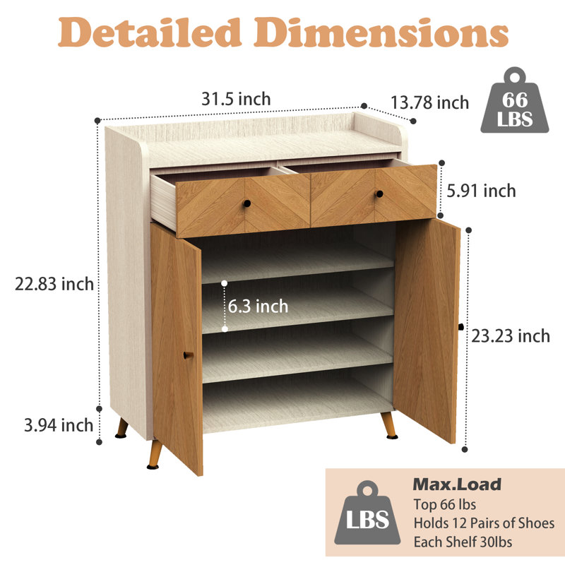 4-tier Shoe Storage Cabinet With Drawers, Natural/Brown