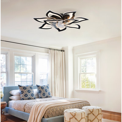 Ventilateur de plafond encastré géométrique moderne avec lumière et télécommande réversible à 6 vitesses, noir mat