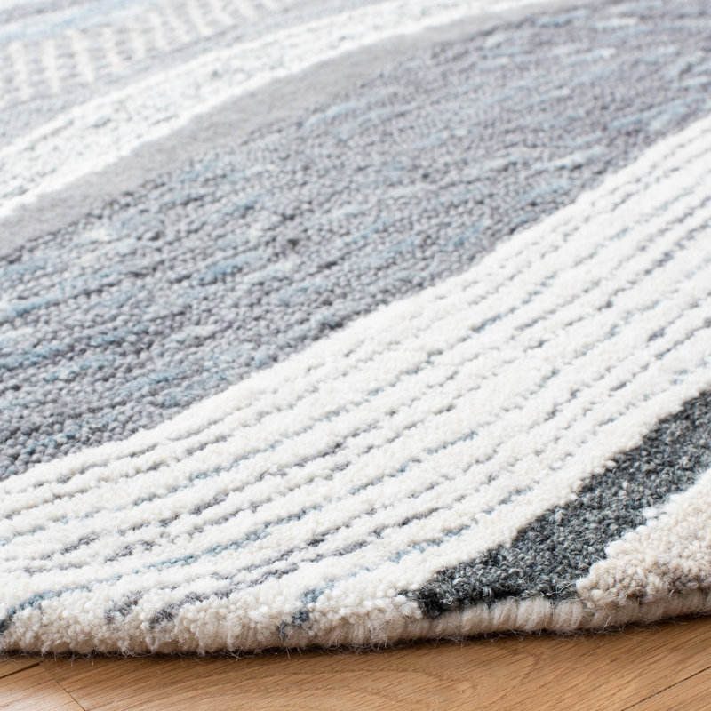Tapis gris / ivoire en laine touffeté à la main à motif abstrait Albrey, Rond 6 pi