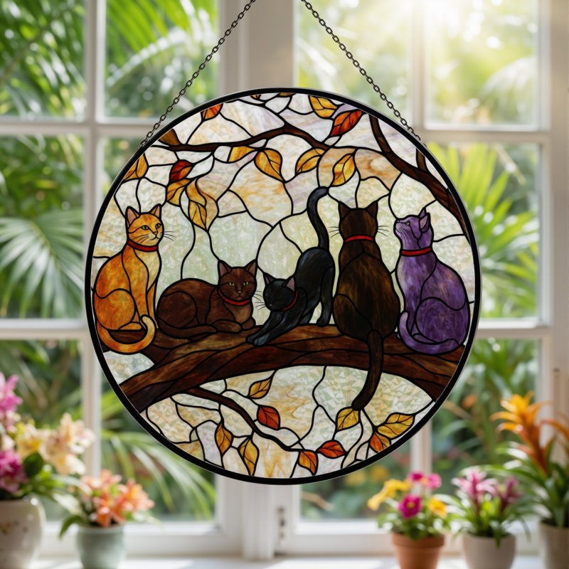 Panneau de vitrail Cats Tree, 12" H x 12" W