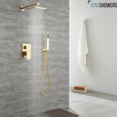 Juno Wall-Mounted Gold Finish Shower System – Brass Shower Head with Mixer and Handheld Set