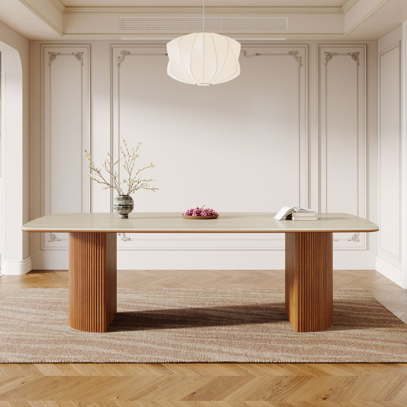Table de salle à manger avec plateau en travertin unique et base semi-circulaire à rayures (1 article 2 paquets)