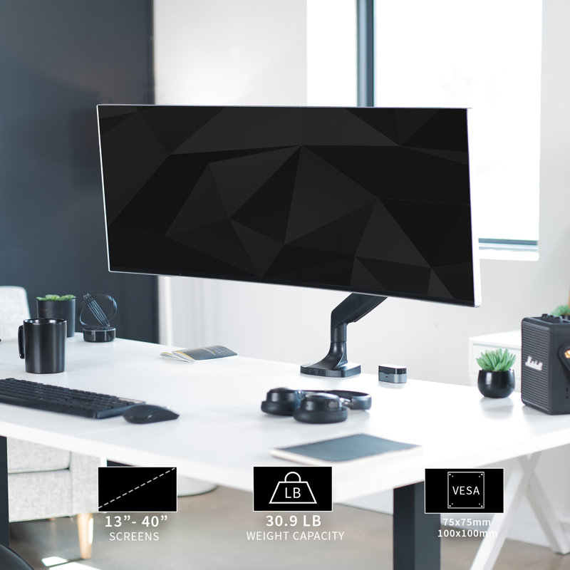 Black Aluminum Single Ultrawide Monitor Desk Mount with Pneumatic Arm