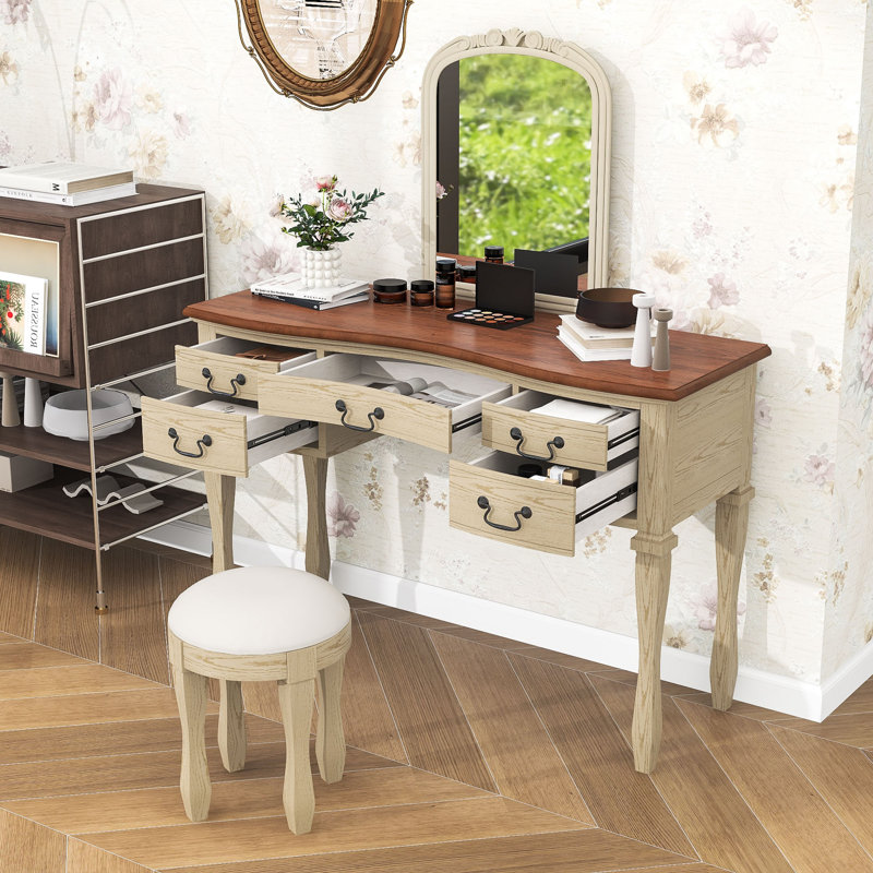 Coiffeuse de maquillage avec miroir, tiroirs et tabouret en cuir