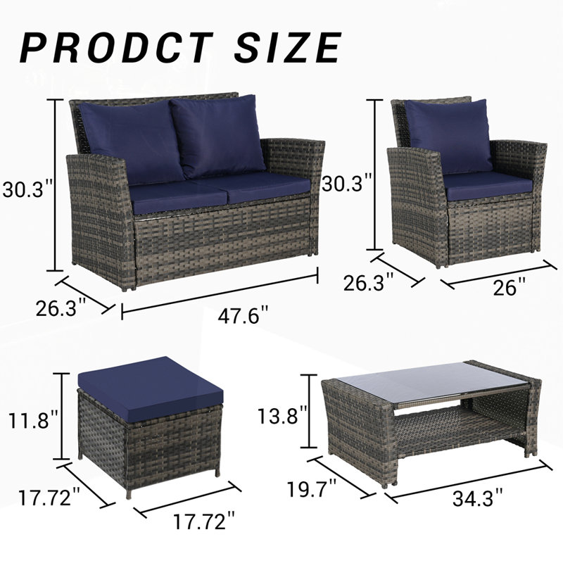 6 Piece Wicker Patio Furniture Sets with Ottoman and Tempered Glass Coffee Table, Dark Blue