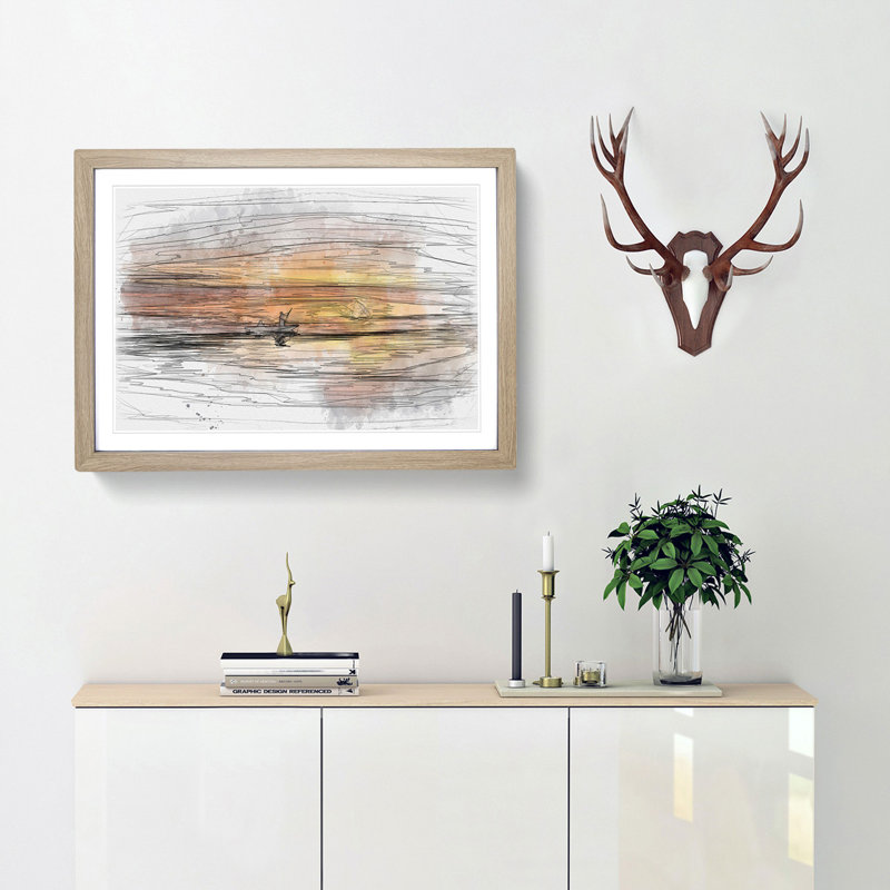 A Boat at Sunset - Picture Frame Painting Print, 36cm H x 48cm W x 2cm D, Oak Framed