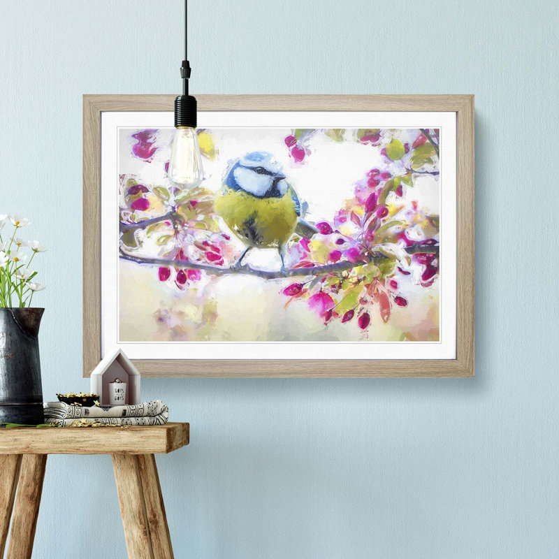 Blue Tit Bird in Spring in Abstract - Picture Frame Painting Print, Oak Framed, 62cm H x 87cm W x 2cm D