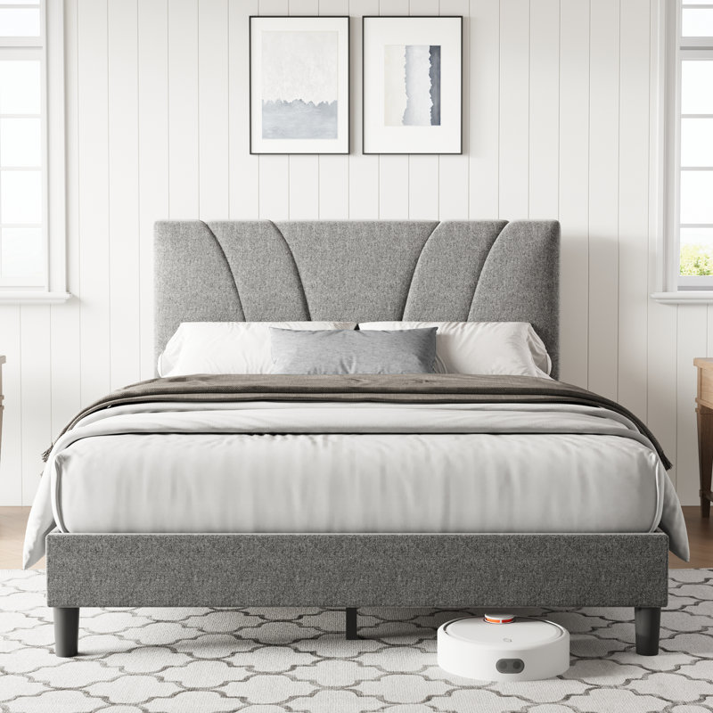 Upholstered Platform Bed with Adjustable Headboard, Grey, Full / Double, Adjustable Headboard