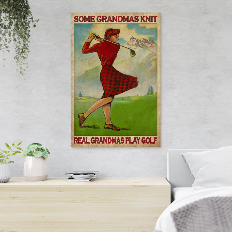 «Girl In Red Dress jouant au golf - Some Grandmas Knit», reproduction d'art graphique sur toile tendue 1 pièce
