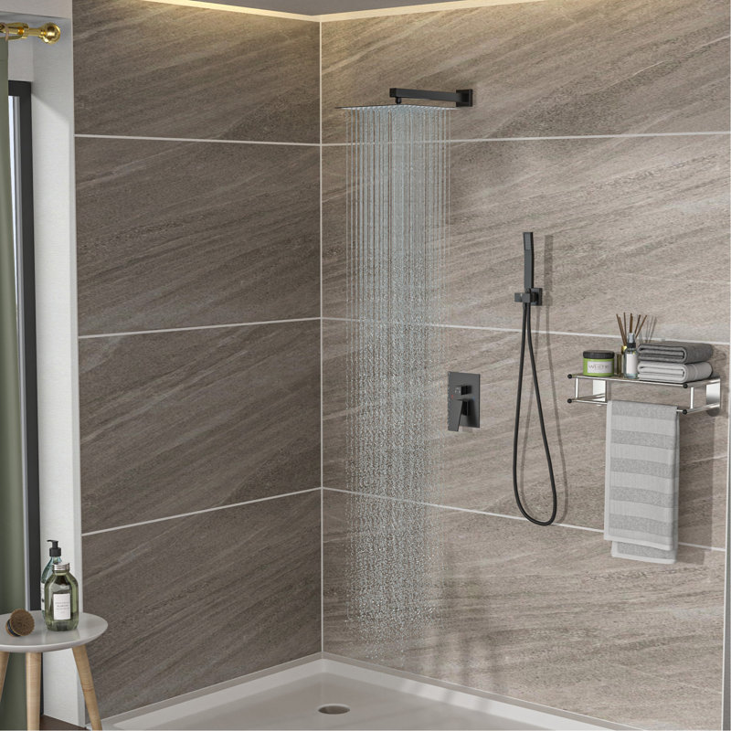 Pomme de douche double - Système de douche mural carré de 10 pouces avec valve brute, noir mat, Matte Black