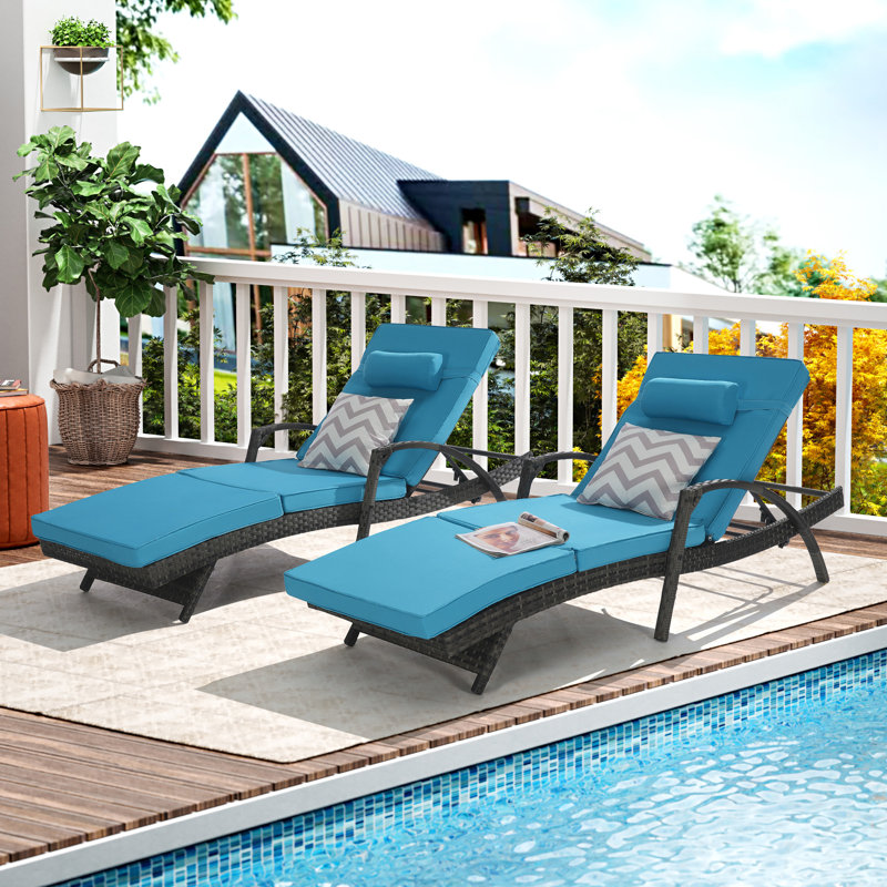 Outdoor Wicker Long Reclining Chair Set Of 2 With Cushions, Light Blue