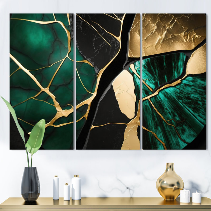 " Abstract Geode Gold I " 3 - Pieces, 28" H x 36" W x 1" D