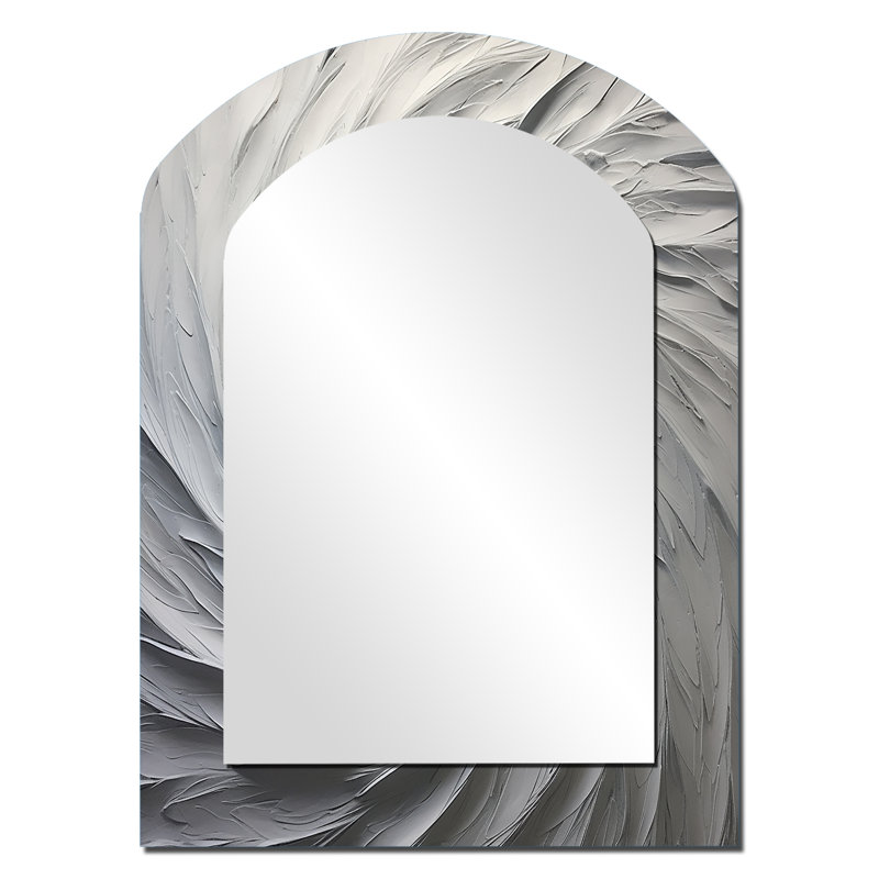 White Majestic Motion - Abstract Spirals Asymmetrical Decorative Wall Mirror, Modern Arch Mirror, Printed Metal Art