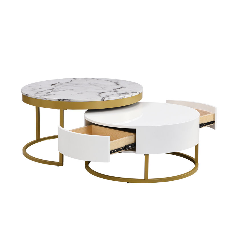 Modern Round  Nesting Coffee Table with Drawers in White