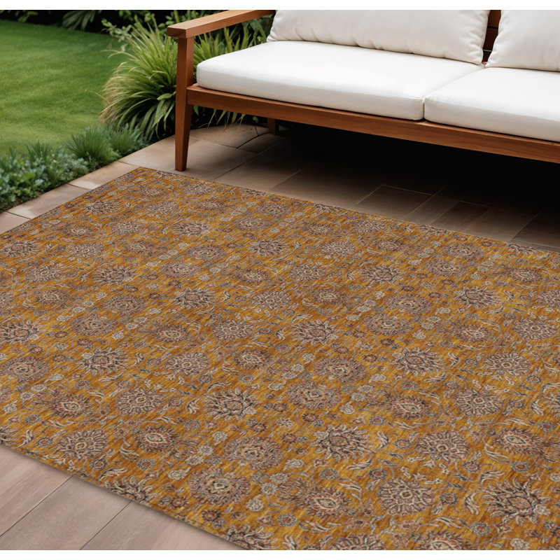 Tapis extérieur lavable floral beige cuivré et taupe 8 pi x 10 pi