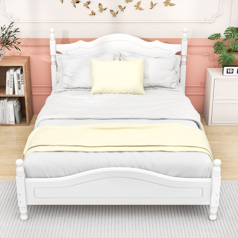 Lit plateforme en bois avec tête de lit décorative, Blanc, Double