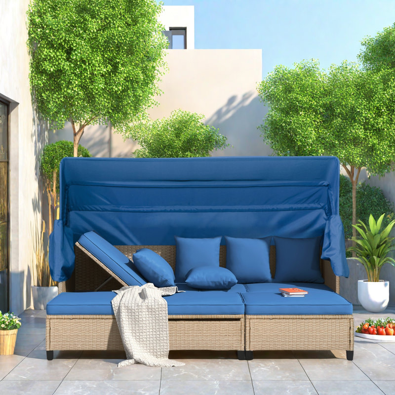 4 Pieces Uv-proof Resin Wicker Patio Sofa Set Included A 4-seat Sofa, 2 Ottomans, A Lifting Table, Retractable Canopy, Cushions And Adjustable Backrest