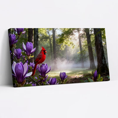 Cardinal Bird And Flowers In Forest Canvas Wrapped Wall Art Oil Painting Print Set Of 1
