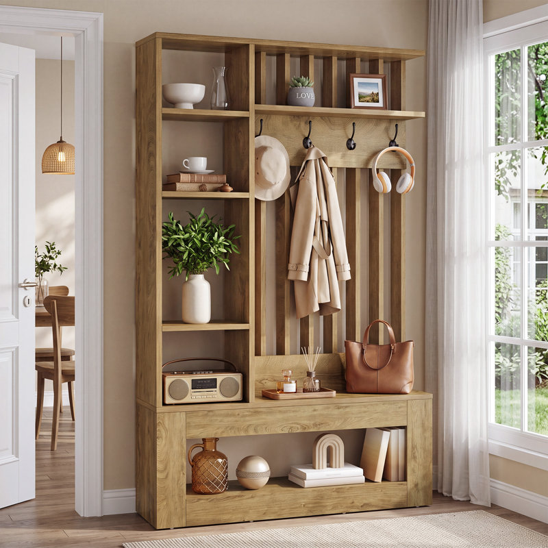 Hall Tree with Bench and Shoe Storage, Honey Brown